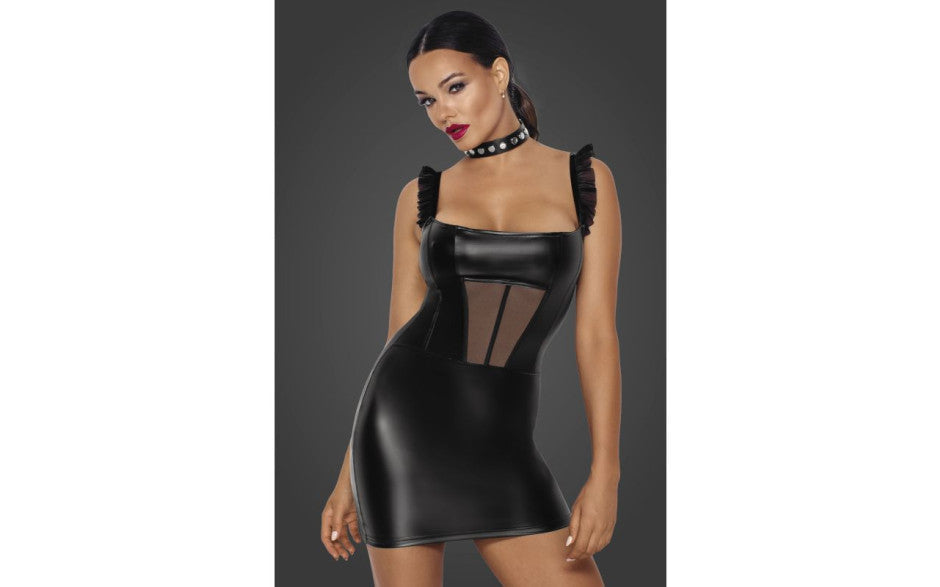 Noir Handmade Power Wetlook Short Dress With Front Tulle Inserts Black Large Secondary image