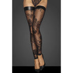 Noir Handmade Tulle Stockings With Patterned Flock Embroidery and Power Wetlook Band Black Noir Handmade