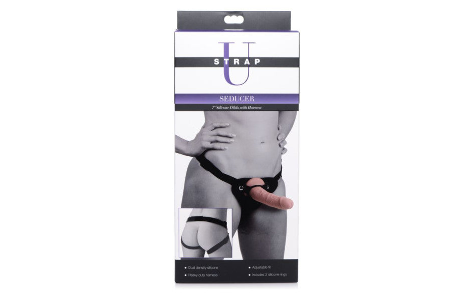 XR Brands Strap U Seducer Silicone Dildo With Harness 7 Inch Flesh XR Brands
