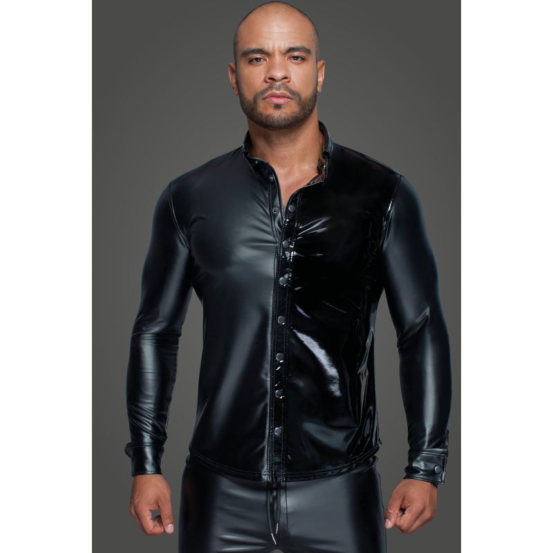 Noir Powerwetlook PVC Long Sleeved Shirt With Button Placket