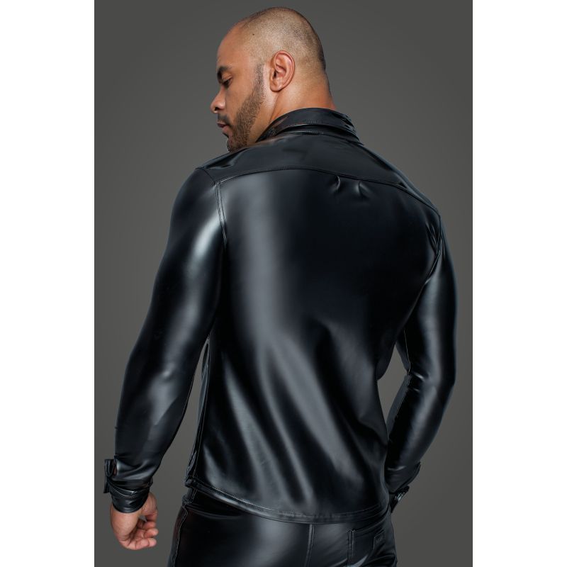 Noir Powerwetlook PVC Long Sleeved Shirt With Button Placket