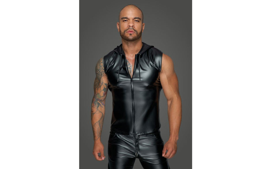 Noir Handmade Powerwetlook Sleeveless Hooded Mens Shirt with 2 Way Zipper