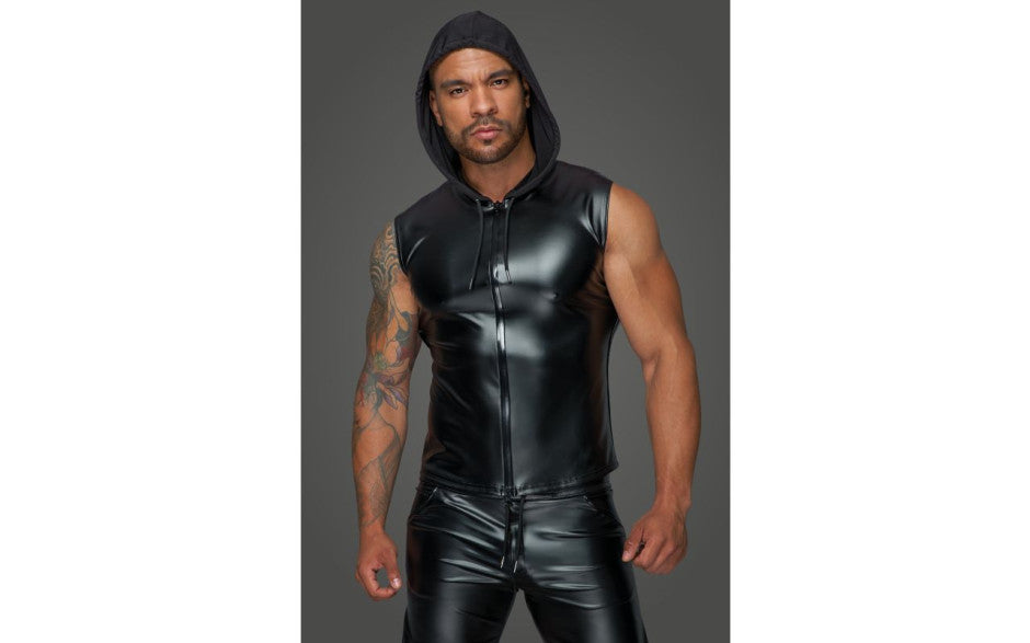 Noir Handmade Powerwetlook Sleeveless Hooded Mens Shirt with 2 Way Zipper