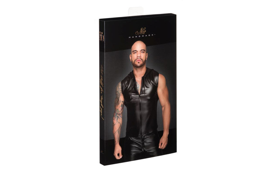 Noir Handmade Powerwetlook Sleeveless Hooded Mens Shirt with 2 Way Zipper