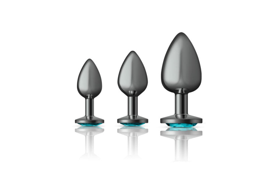 Viben Cheeky Charms Round Metal Butt Plug Gunmetal Kit With Teal Jewel 3 Piece