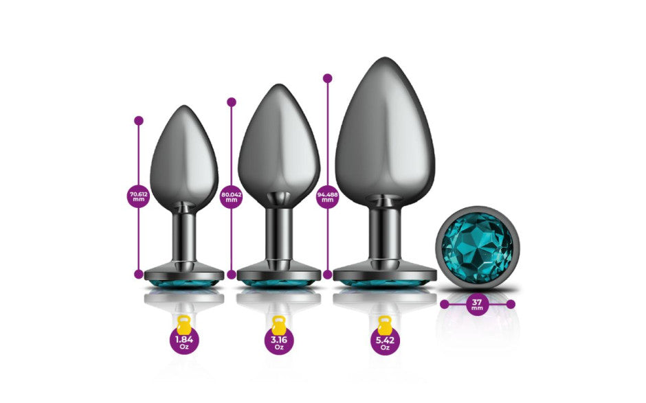 Viben Cheeky Charms Round Metal Butt Plug Gunmetal Kit With Teal Jewel 3 Piece