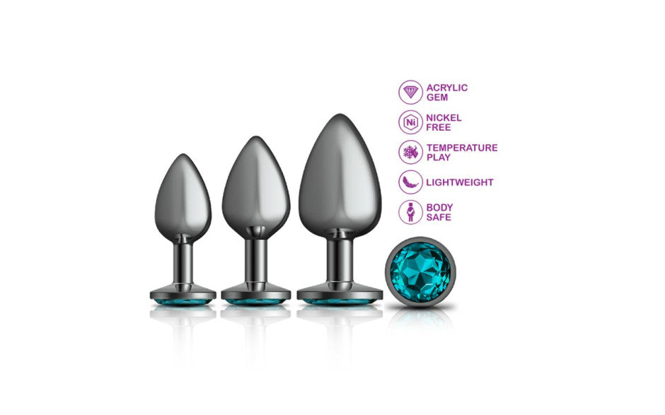 Viben Cheeky Charms Round Metal Butt Plug Gunmetal Kit With Teal Jewel 3 Piece