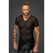 Noir Handmade Leopard Flock V-Neck Fetish Wear Mens T-Shirt Secondary image