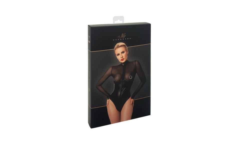 Noir Handmade Edge Wetlook and Mesh Bodysuit With Rings Black Medium Noir Handmade