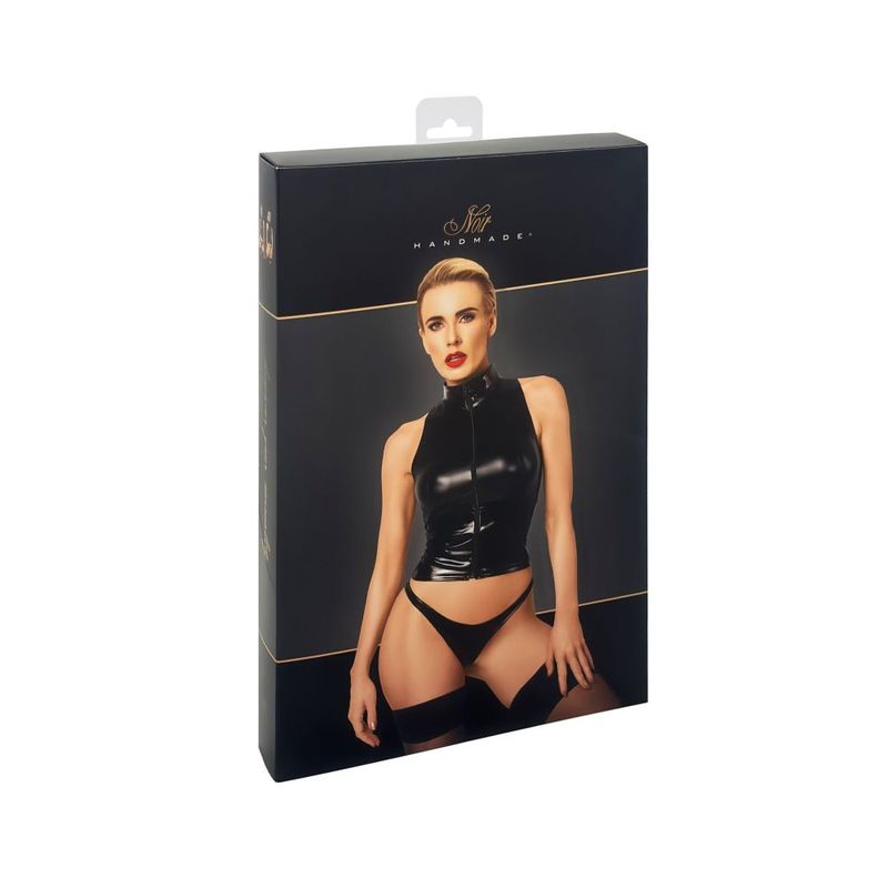 Noir Glam Wetlook Top With Vinyl Corset