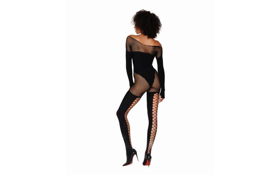 Dreamgirl Lingerie Seamless Opaque & Fishnet Bodystocking Black Secondary image