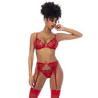 Mapale 3 Piece Bralette, Garter Belt and Thong Set Red