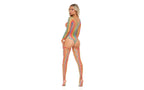 Pink Lipstick Diamond Net Bodysuit With Thigh High OS