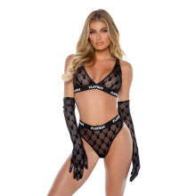 Playboy Flocked Bunny 2 Piece Lingerie Set Black Main image