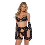 Playboy Flocked Bunny Chaps 3 Piece Lingerie Set Black