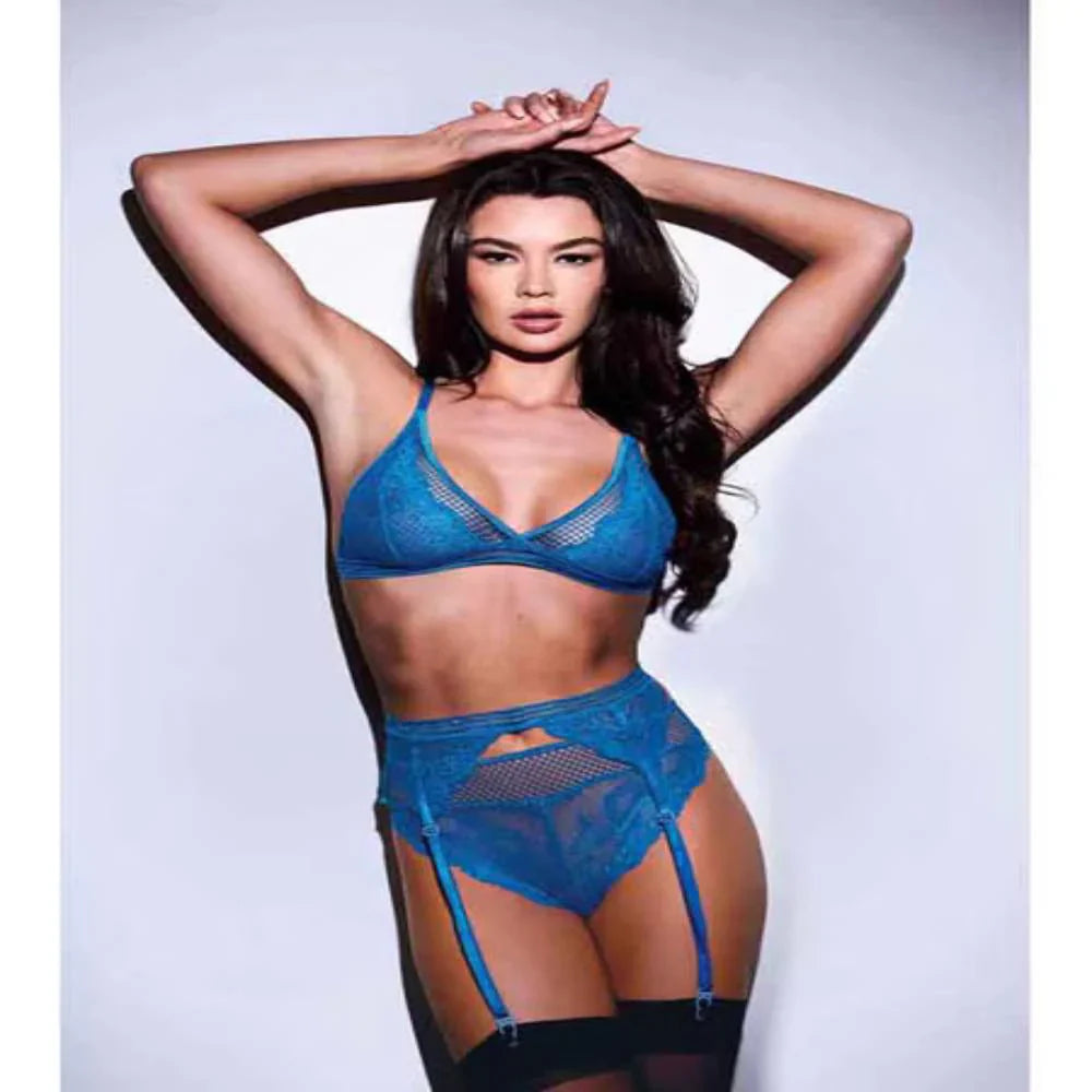 Baci 3 Piece Lace & Mesh Bra Garter & Panty Set Queen Baci