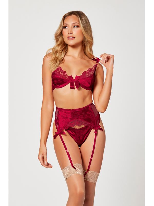 3 Pc Jacquard Bra Garter Belt And Panty Set 11380 WINE M (H) Seven Til Midnight