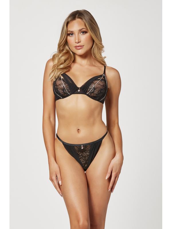 Two Piece Mesh and Rhinestone Bra And Panty Set 11561 BLACK S (H) Seven Til Midnight Main image