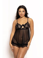 Two Piece Babydoll Set.  Ditsy Floral And Mesh Babydoll With Split Cups STM-11644-BLACK-S (H) Seven Til Midnight