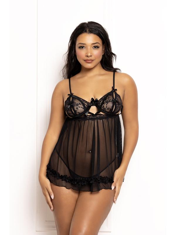 Two Piece Babydoll Set.  Ditsy Floral And Mesh Babydoll With Split Cups STM-11644-BLACK-S (H) Seven Til Midnight