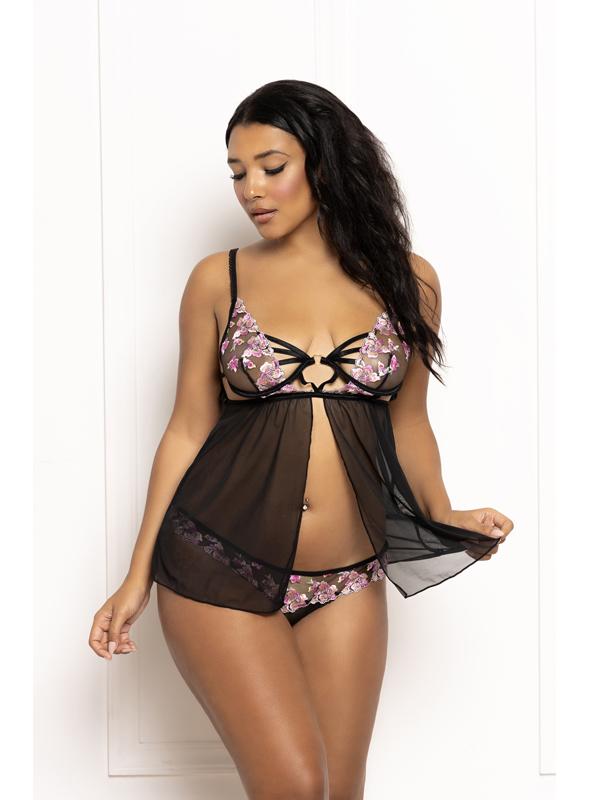 Seven Til Midnight Babydoll Set Multicolored Embroidered Floral Galloon Lace & Mesh Babydoll With Underwire Black 2 Piece Secondary image