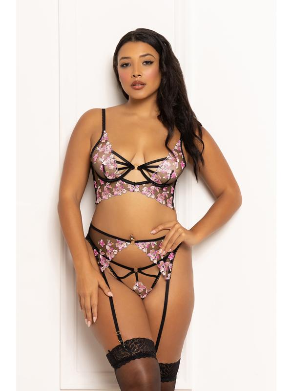 Three Piece Long Line Bra Set.  Multicolored Embroidered Floral Galloon Lace Long Line Bra With Underwire STM-11648-BLACK-M (H) Seven Til Midnight Main image