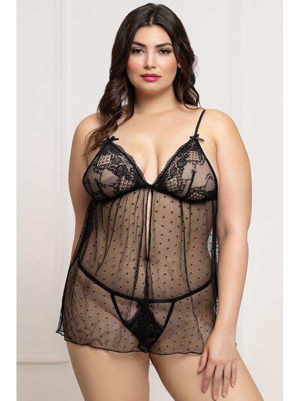 Seven Til Midnight Lace & Dot Mesh Babydoll Set Black One Size 2 Piece Secondary image