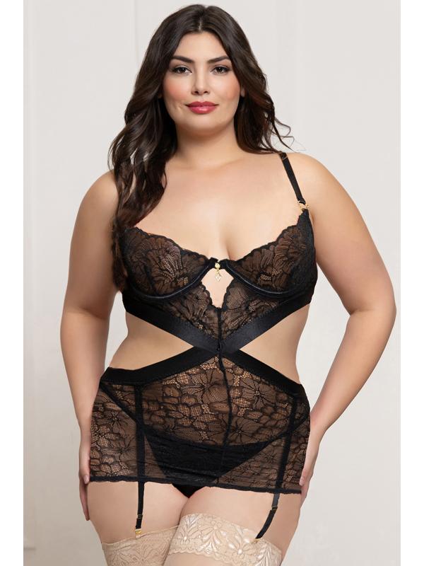 Two Piece Lace and Satin Chemise Set STM-11829XP-Black-OSX (P) Seven Til Midnight