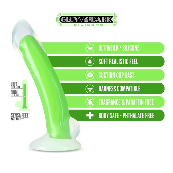 Blush Novelties Neo Elite Glow Omnia Glow In Dark Dual Density Dong 17.8cm Green Blush Novelties
