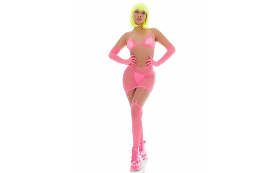 Pink Lipstick Mesh Womens Bling Ring Set With Pasties Pink