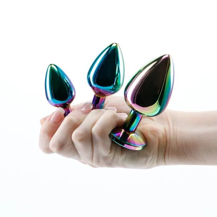 NS Novelties Rear Assets Trainer Kit Multi Coloured Metallic Butt Plugs With Rainbow Hearts Set Of 3 Sizes NS Novelties