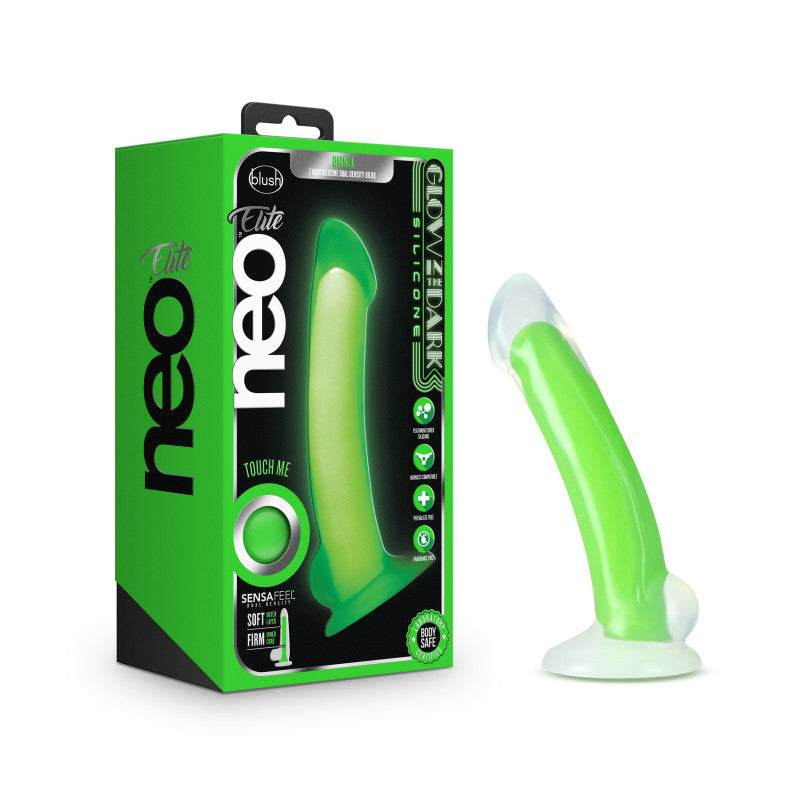 Blush Novelties Neo Elite Glow Omnia Glow In Dark Dual Density Dong 17.8cm Green Blush Novelties