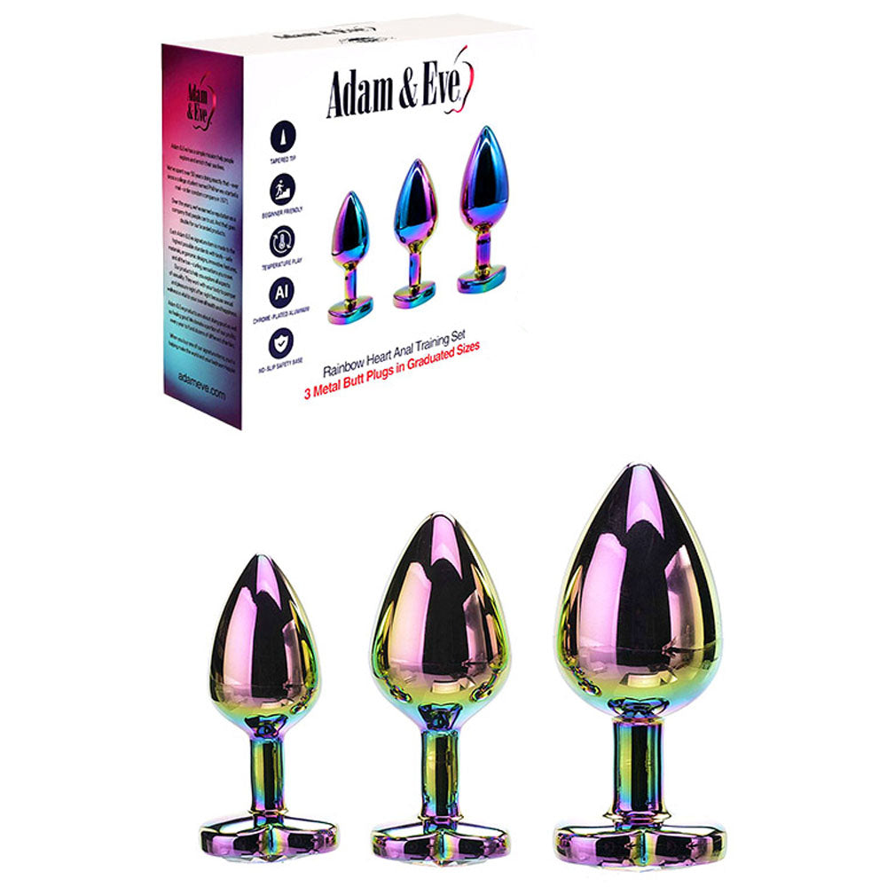 Adam & Eve RAINBOW HEART GEM ANAL TRAINING SET Multicoloured Metal Anal Plugs With Gem Bases Set Of 3 Sizes Adam & Eve