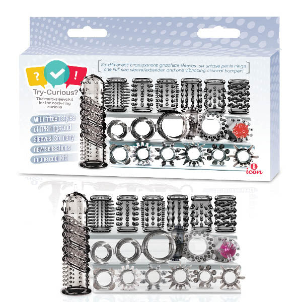 Icon Brands Try Curious Cock Ring & Sleeve Set 15 Piece Set Clear Icon Brands Main image