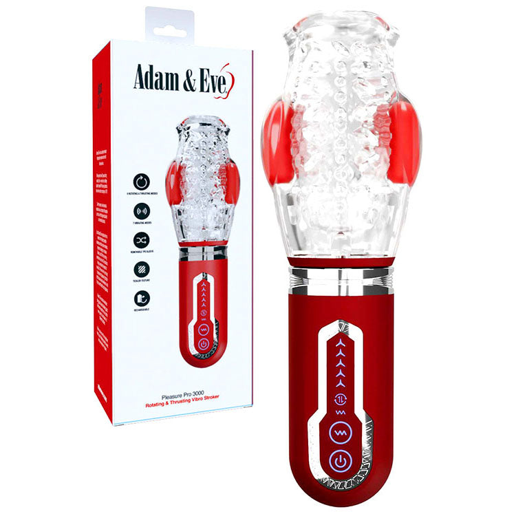 Adam & Eve PLEASURE PRO 3000 USB Rechargeable Thrusting & Rotating Auto Stroker Clear / Red Adam & Eve