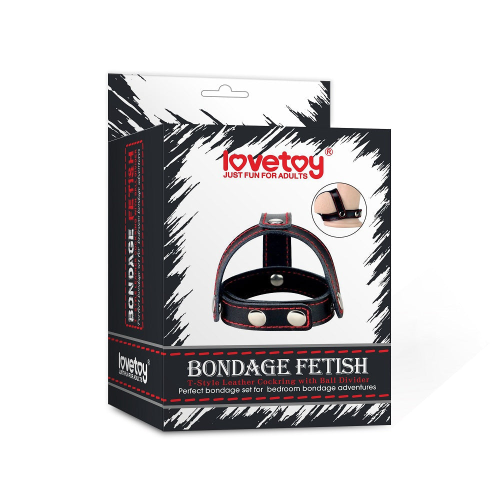 Lovetoy Bondage Fetish T Style Leather Cock Ring With Ball Divider Cock Ring Black Lovetoy Main image