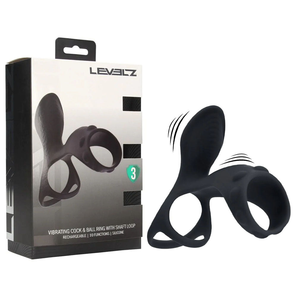 Shots Toys LEVELZ USB Rechargeable Vibrating Cock & Ball Ring With Shaft Loop Black Shots Toys Main image