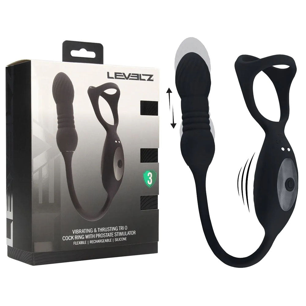 Shots Toys LEVELZ Vibrating & Thrusting TriO Cock Ring With Prostate Stimulator Black Shots Toys