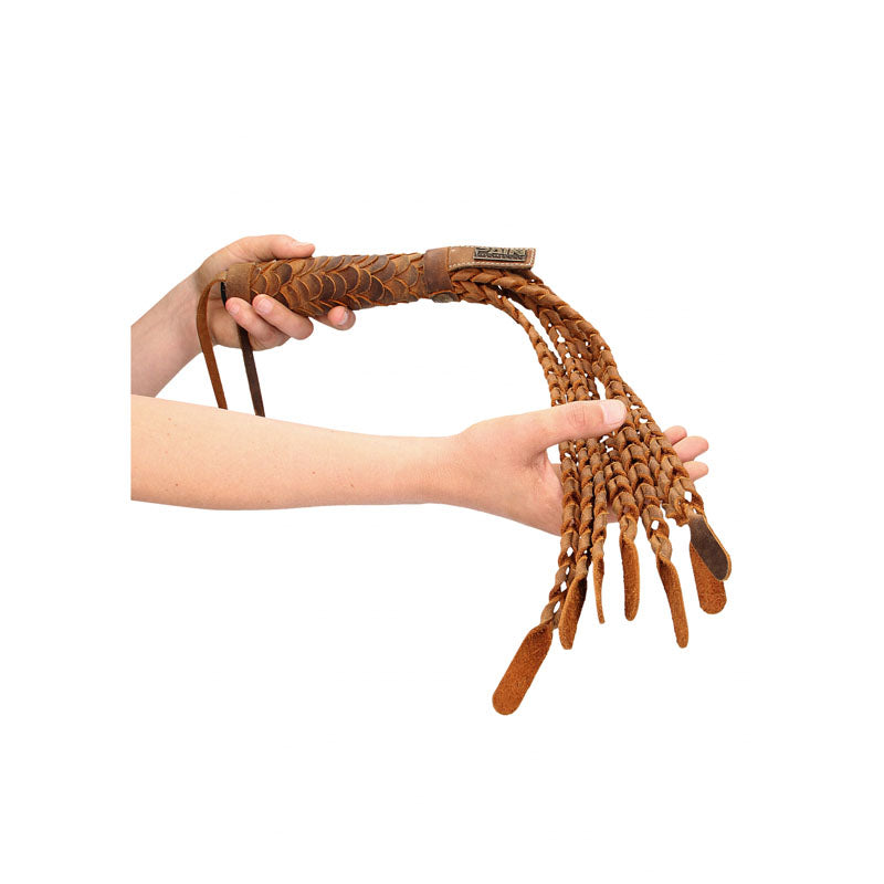 OUCH! Italian Leather 7 Braided Tails & 6 Handle 61 cm Whip 61cm Brown Shots Toys Main image
