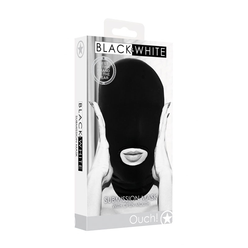 Shots Toys OUCH! Black & White Submission Mask Black Hood Mask