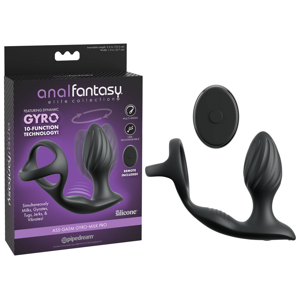 Pipedream Anal Fantasy Elite Ass Gasm Gyro Milk Pro USB Rechargeable Gyrating Butt Plug With Cock Ring Black Pipedream
