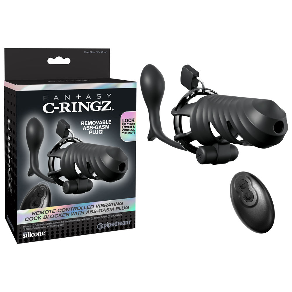 Pipedream Fantasy C Ringz Remote Controlled Vibrating Cock Blocker With Ass Gasm Plug Black Vibrating Cock Cage With Anal Plug Pipedream