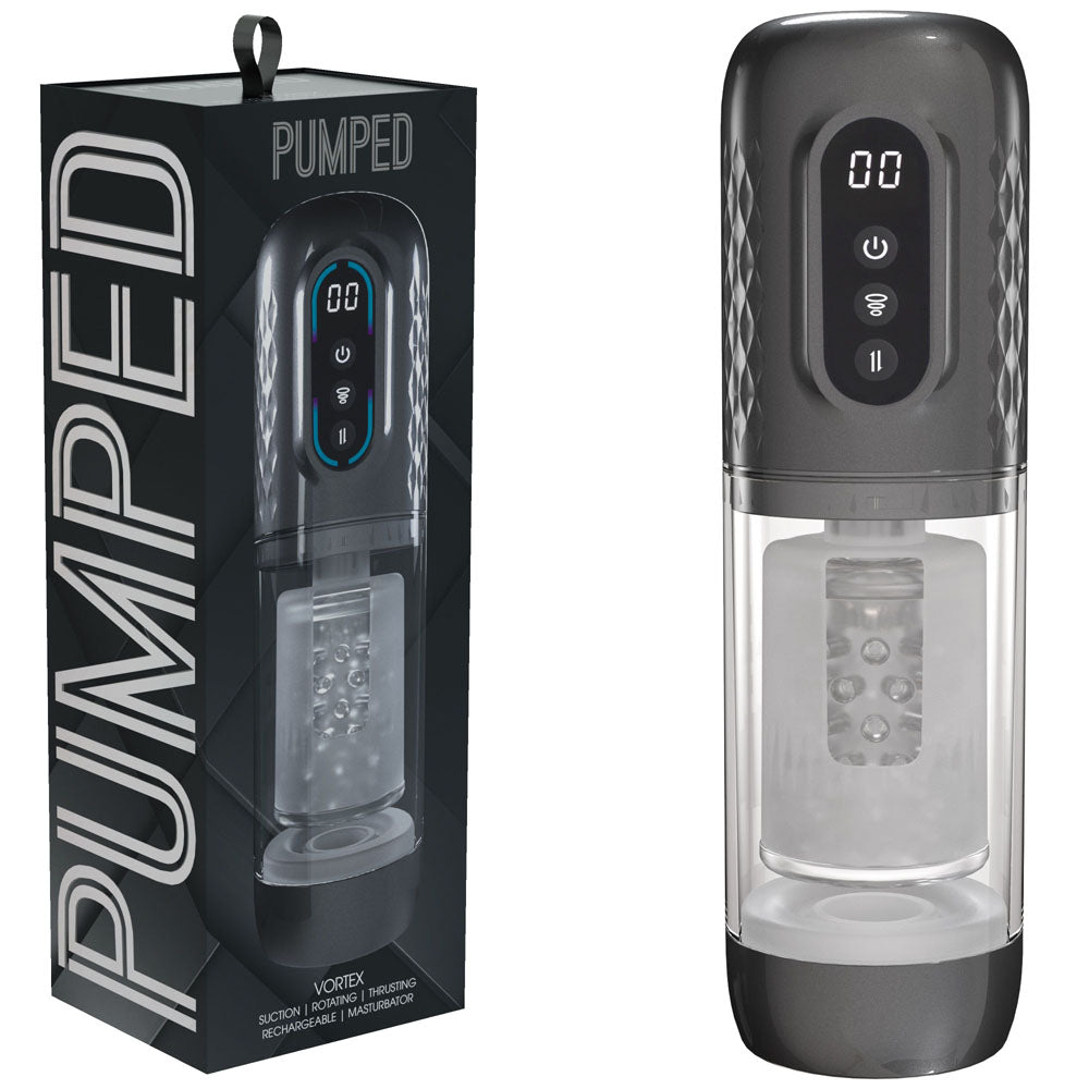 PUMPED Vortex Gunmetal USB Rechargeable Sucking Rotating & Thrusting Auto Masturbator Shots Toys