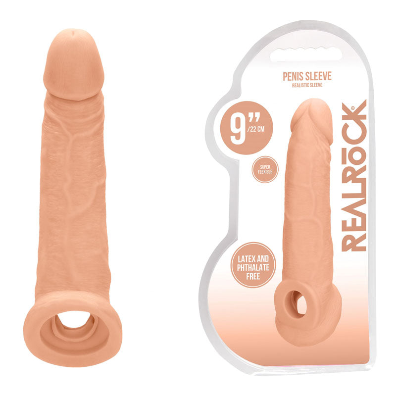 Shots Toys REALROCK Realistic Penis Extender Sleeve With Rings 9 Inch Flesh
