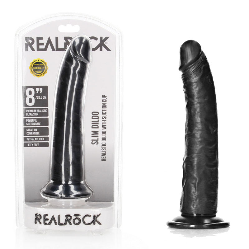Shots Toys REALROCK Realistic Slim Dildo With Suction Cup 8 Inch Black