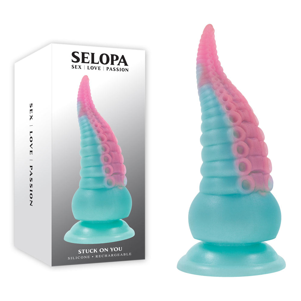 Selopa STUCK ON YOU USB Rechargeable Vibrating Tentacle Fantasy Dildo 19cm Blue / Pink Selopa