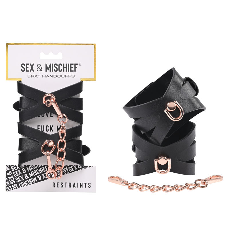Sportsheets Sex & Mischief Brat Handcuffs Gold Restraints Black / Rose