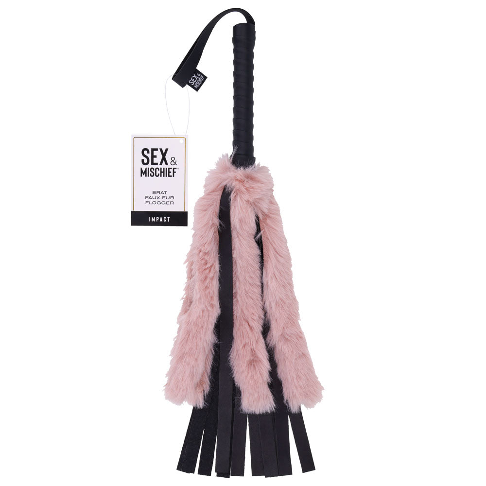 Sportsheets Sex & Mischief Brat Faux Fur Flogger Black Whip With Pink Faux Feather 50cm