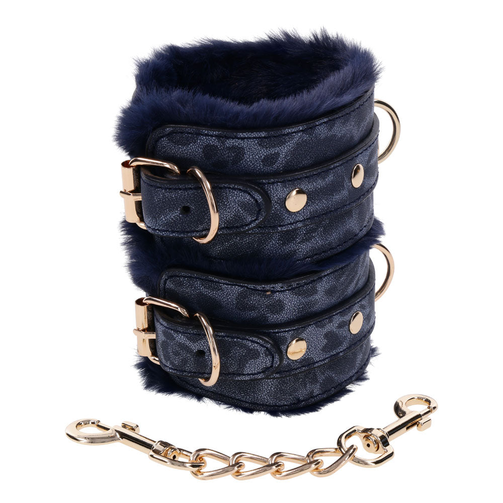 Sportsheets Sex & Mischief Cougar Fur Handcuffs Furry Restraints Navy Blue / Gold