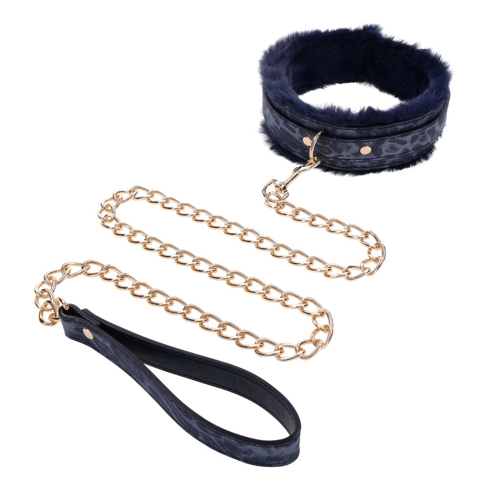 Sportsheets Sex & Mischief Cougar Fur Collar & Leash Furry Restraint Navy Blue / Gold